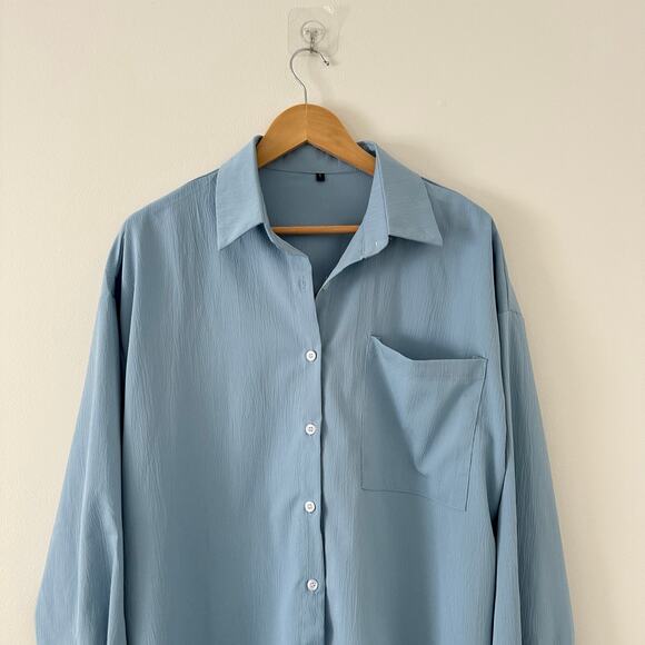 Collared Long Sleeve Button Up Shirt Blue S - Picture 3 of 7